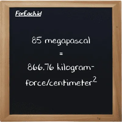 How to convert megapascal to kilogram-force/centimeter<sup>2</sup>: 85 megapascal (MPa) is equivalent to 85 times 10.197 kilogram-force/centimeter<sup>2</sup> (kgf/cm<sup>2</sup>)